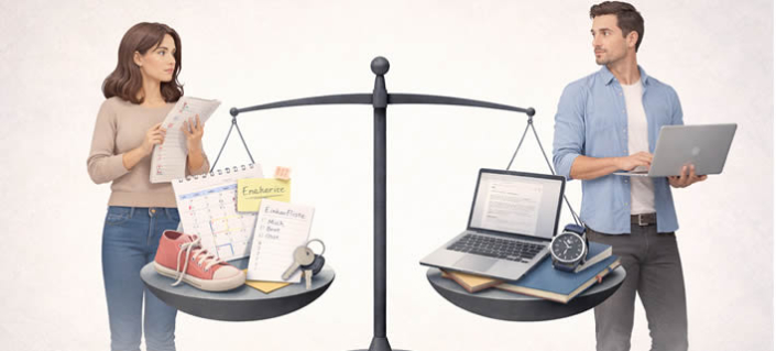 Waage mit Mental Load und Erwerbsarbeit – Symbol für Fairness in der Partnerschaft