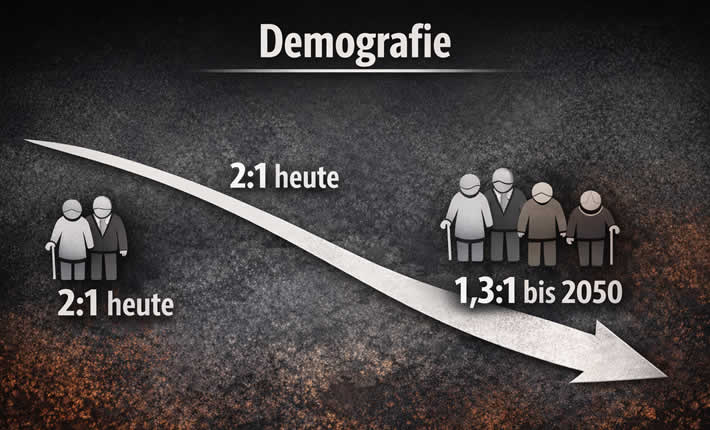Das Verhältnis von Beitragszahlern zu Rentnern sinkt von 2:1 heute auf 1,3:1 bis 2050